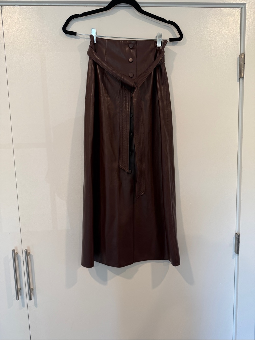 NWOT Zara burgundy leather midi skirt with tie waist